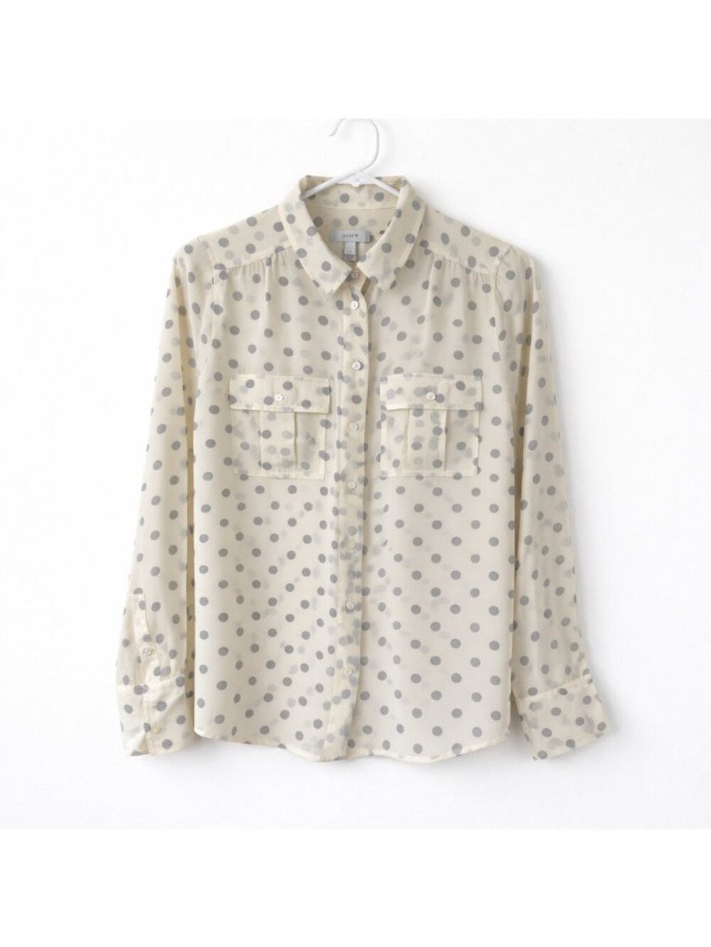 J.Crew 100% Silk Polka Dot Blouse Button Front Cream Gray Size 6